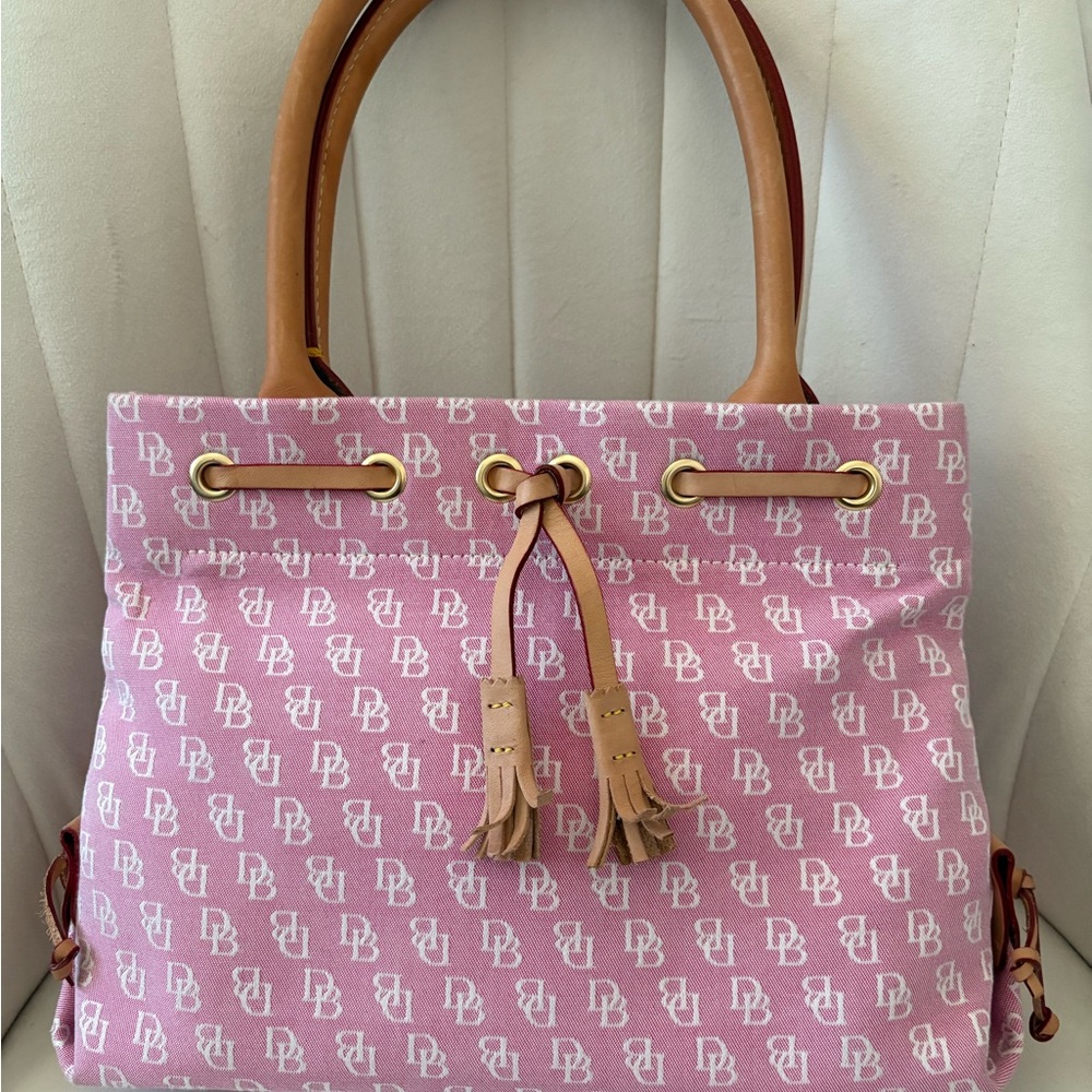 Dooney & Bourke Pink and Tan Monogram Mini Tassel Small Tote